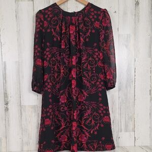 Eva Mendes New York & Company Black and Red Floral Mid Sleeve Dress Size Small
